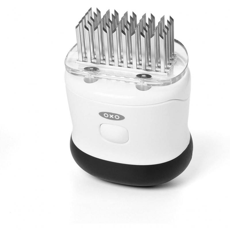 OXO Good Grips Bladed Meat Tenderizer with 50 sharp stainless steel blades for tender, flavorful meats and easy cleaning.