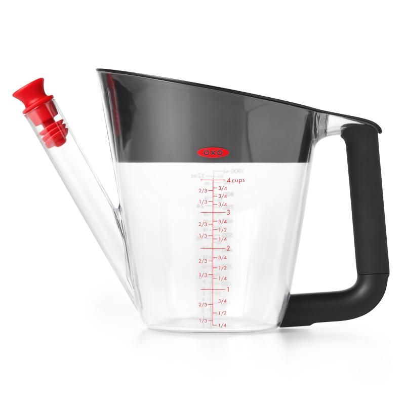 OXO Good Grips 4-Cup Fat Separator with strainer, heat-resistant design, non-slip handle, and measurement markings for healthy cooking.