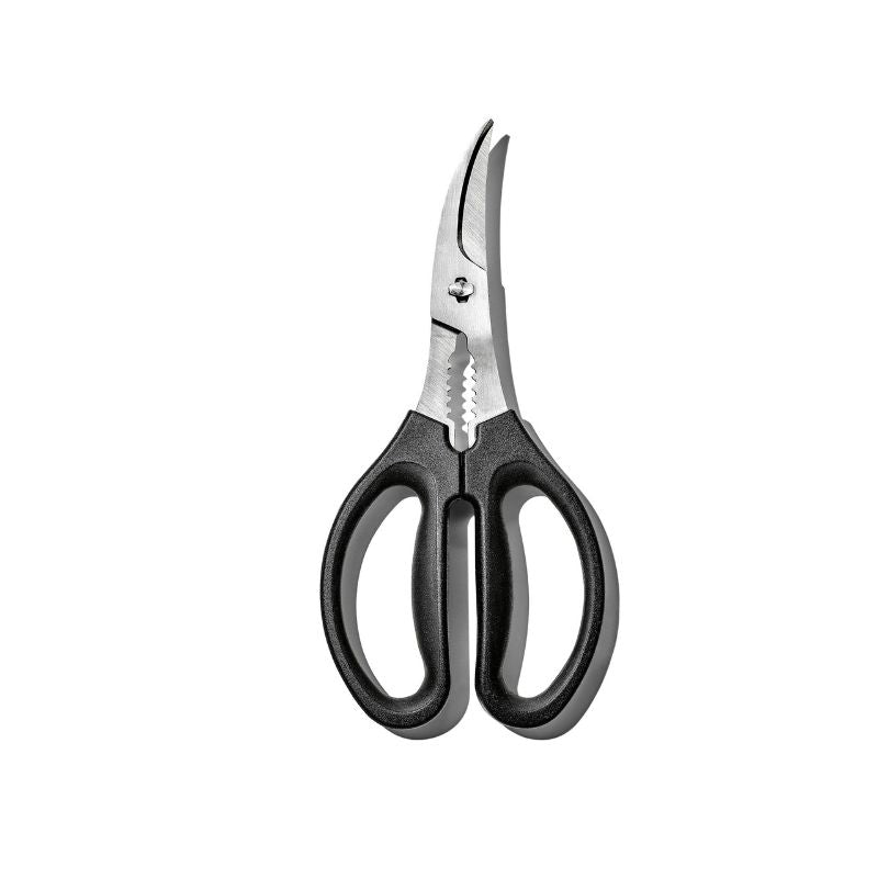 OXO Good Grips Seafood Scissors with curved stainless steel blades, built-in cracker, and non-slip handles for easy seafood prep.