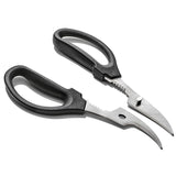 OXO Good Grips Seafood Scissors with curved blades and built-in cracker for effortlessly cutting seafood and shells.