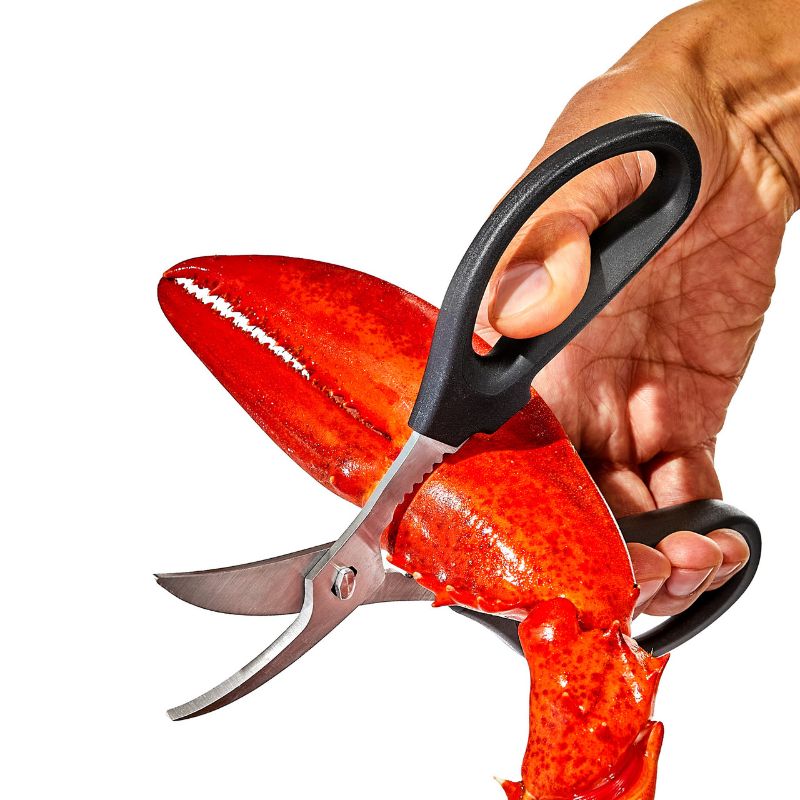 OXO Good Grips Seafood Scissors with curved stainless steel blades and built-in cracker for effortless seafood preparation.