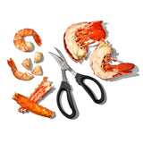 OXO Good Grips Seafood Scissors with curved stainless steel blades, built-in cracker, and non-slip handles for easy seafood preparation.