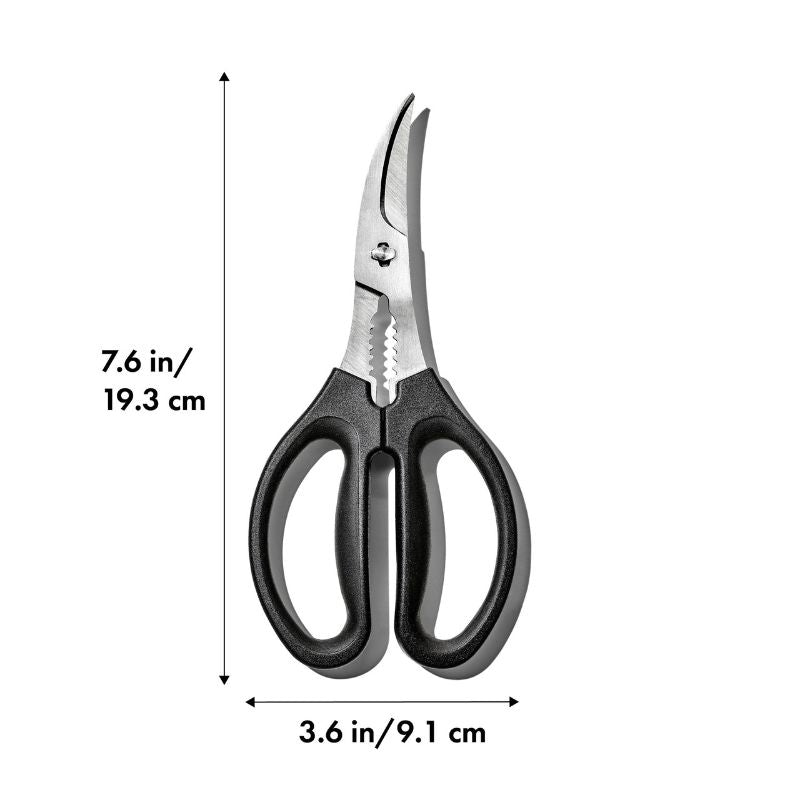 OXO Good Grips Seafood Scissors with curved stainless steel blades and built-in cracker for easy seafood preparation.