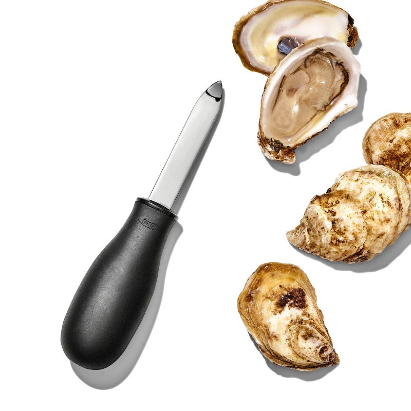 OXO Oyster Knife with non-slip handle and durable bent-tip stainless steel blade for easy oyster shucking.