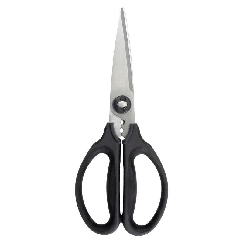 OXO Good Grips Kitchen & Herb Scissors with stainless steel blades, cushioned handles, and herb stripper for versatile cutting tasks.