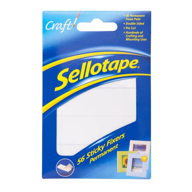 Pack of 56 Sellotape Sticky Fixer Pads, 12mm x 25mm, ideal for crafting and lightweight item mounting.