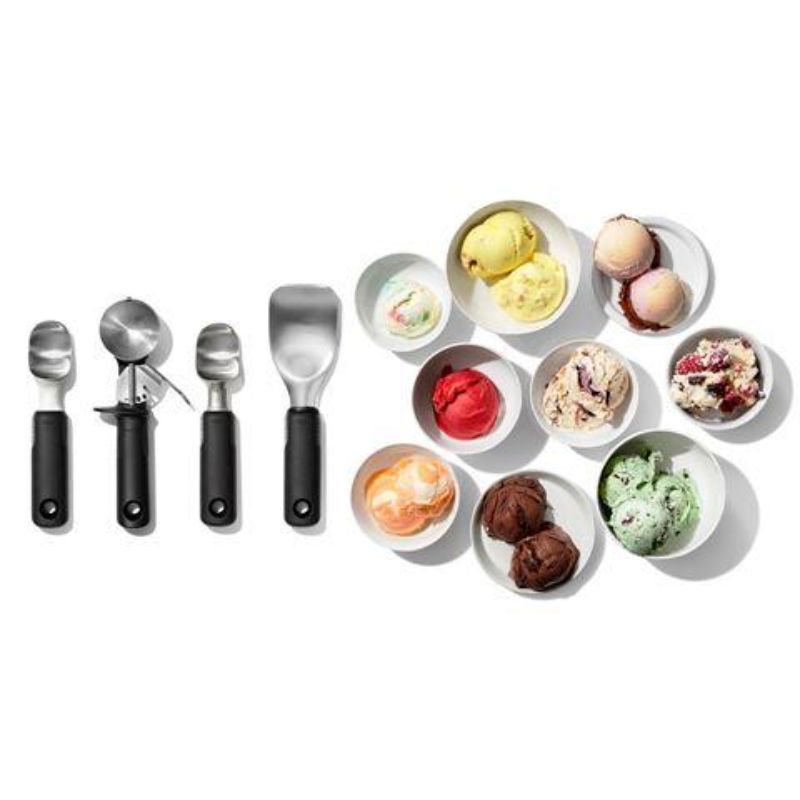 Ergonomic OXO Good Grips ice cream scoop with pointed tip, flat edges, and stainless steel design for easy serving and cleanup.