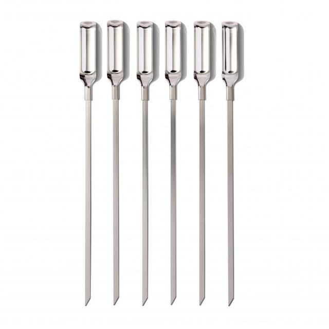 Set of 6 stainless steel grilling skewers with flat design and oversized handles for easy kabob preparation and stability.