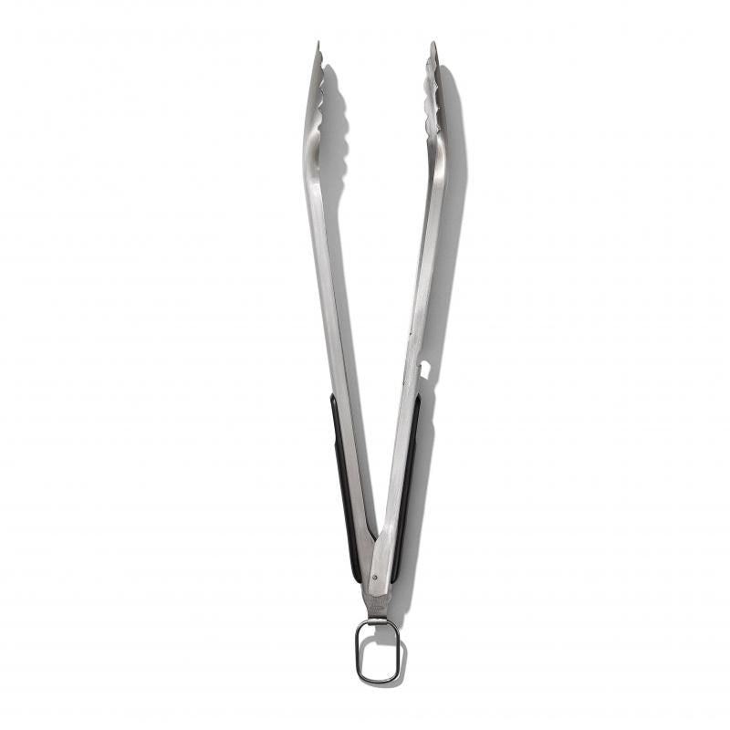 Durable stainless steel grilling tongs with ergonomic non-slip grip and angled head for easy food handling.