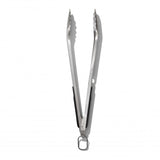 Durable stainless steel grilling tongs with ergonomic non-slip grip and angled head for easy food handling.