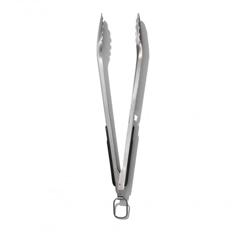 Durable stainless steel grilling tongs with ergonomic non-slip grip and angled head for easy food handling.