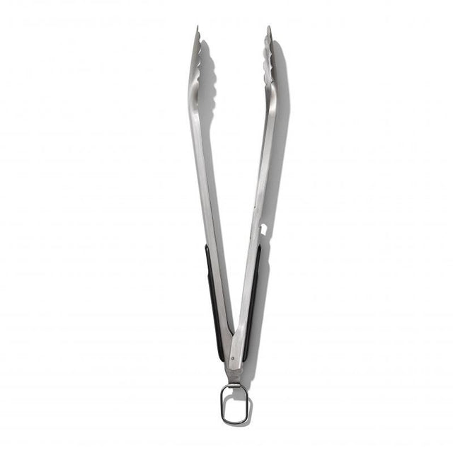 Durable stainless steel grilling tongs with ergonomic non-slip grip and angled head for easy food handling.