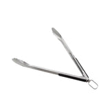 Stainless steel grilling tongs with ergonomic non-slip grips, angled head, and scalloped edges for easy food handling.