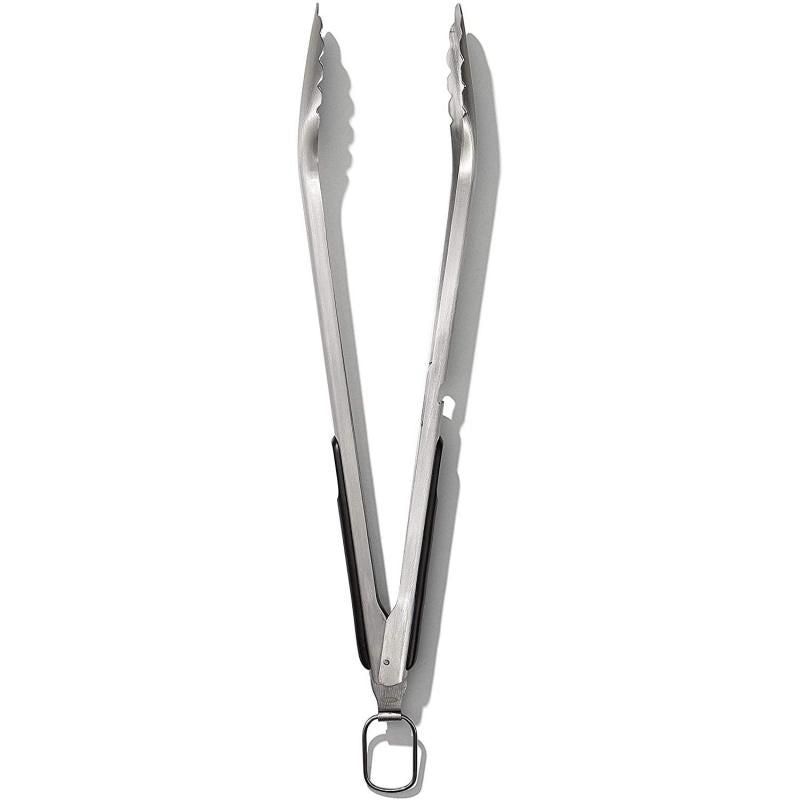 OXO Good Grips Grilling Tongs and Turner Set features stainless steel construction, comfortable grip, and built-in bottle opener.