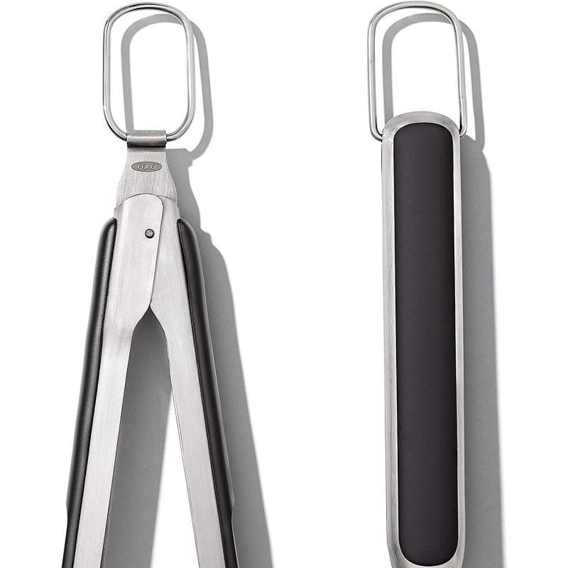 OXO Good Grips Grilling Tongs and Turner Set with stainless steel, non-slip grip, and built-in bottle opener for perfect grilling.