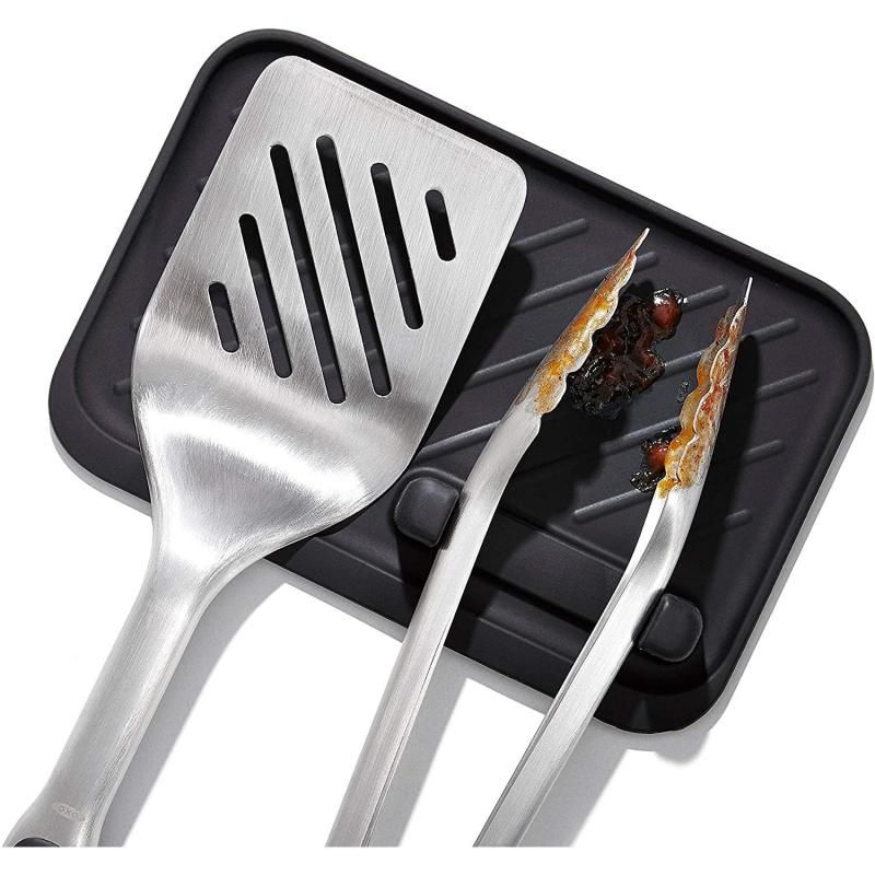 Stainless steel grilling tongs and turner set with non-slip grip, long handles, and built-in bottle opener for barbecue ease.