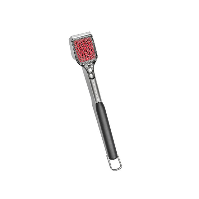 Bristle-free grill brush with stainless steel coils, silicone surface, scraper, and soft-grip handle for easy cleaning.