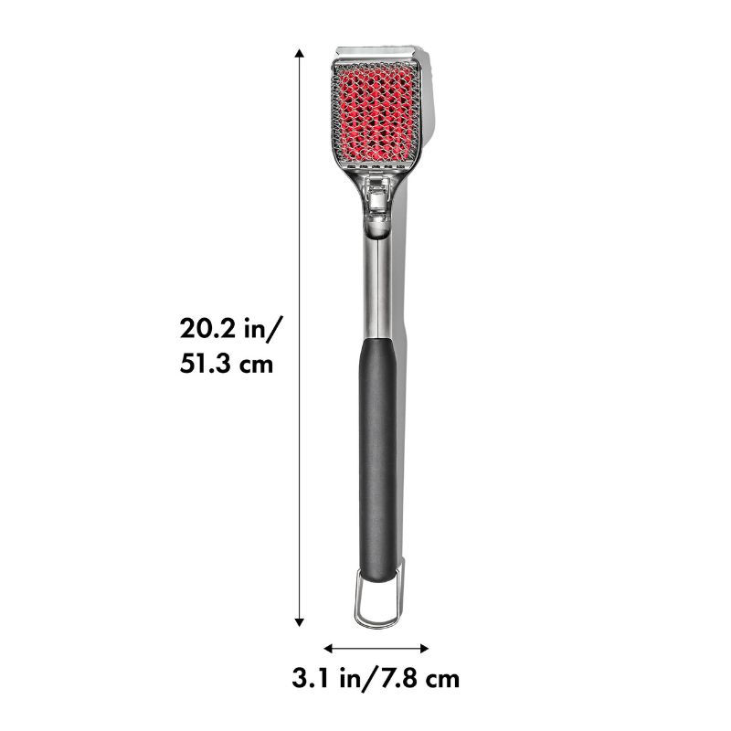 Bristle-free grill brush with stainless steel coils and built-in scraper for safe, effective cleaning of all grill types.