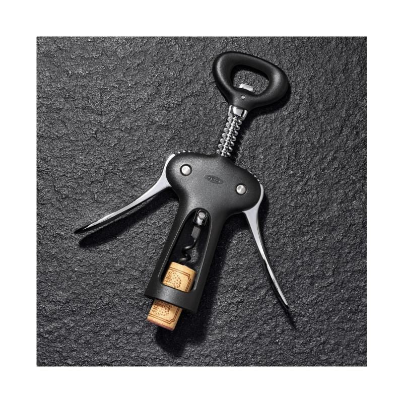 OXO Good Grips Corkscrew with built-in bottle opener, featuring a durable design for easy uncorking and pop-top access.