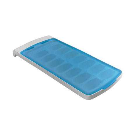 OXO No Spill Ice Cube Tray with leakproof silicone lid; designed for mess-free ice making and convenient storage.