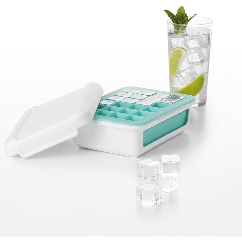 Flexible silicone ice cube tray creates 48 small, odor-free cubes with a supportive base and stacking cover for easy use.