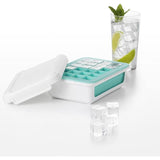 Flexible silicone ice cube tray creates 48 small, odor-free cubes with a supportive base and stacking cover for easy use.