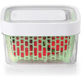 OXO Good Grips GreenSaver Produce Keeper 1.5L with carbon filter, removable basket, and adjustable vent for fresh produce.