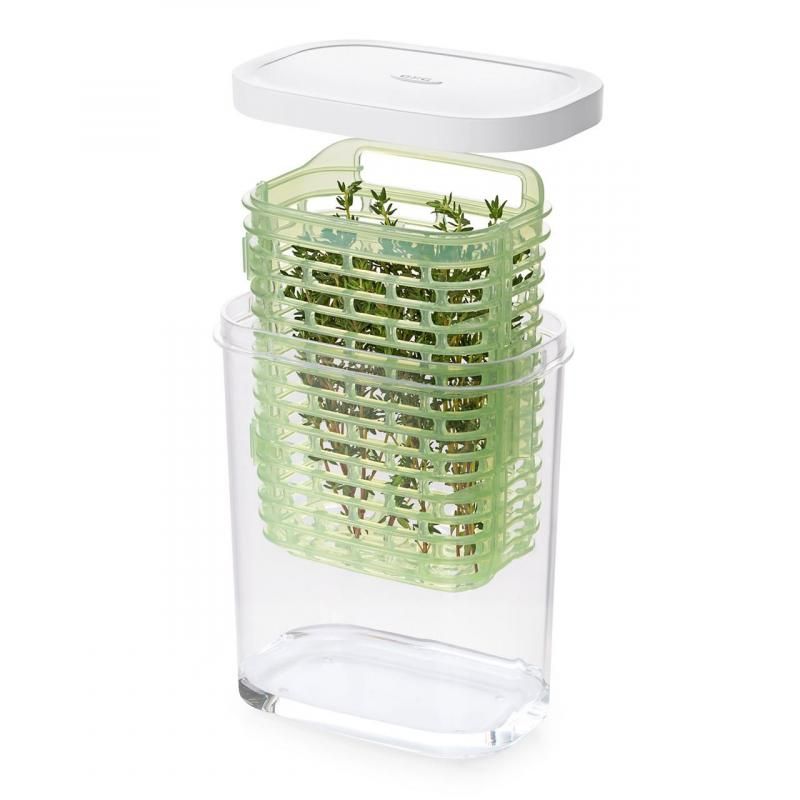 Compact herb keeper with moisture management for fresh herbs like basil and cilantro, featuring a 360° air circulation design.