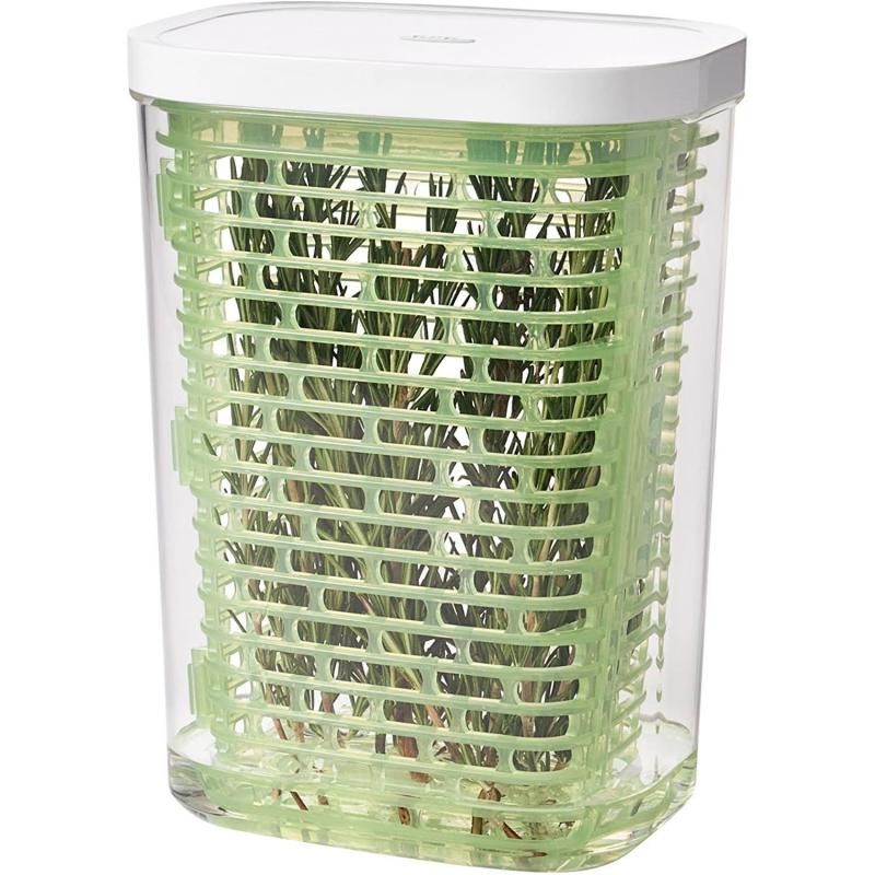 Large OXO Good Grips Greensaver Herb Keeper with hinged basket, water reservoir, and 360-degree airflow for fresh herbs.