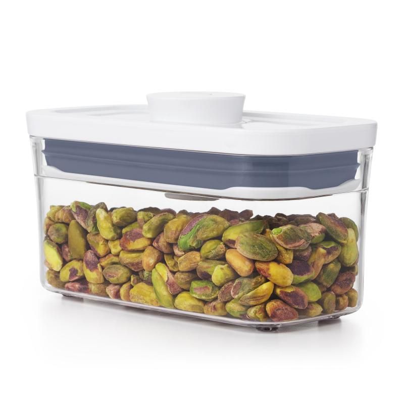 Transparent OXO Good Grips POP 2.0 Slim Rectangular container, 0.4L, with airtight seal and one-handed opening for easy storage.