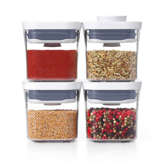 OXO Good Grips POP 2.0 4-piece mini set with airtight containers for organizing herbs and spices, compact and stylish design.