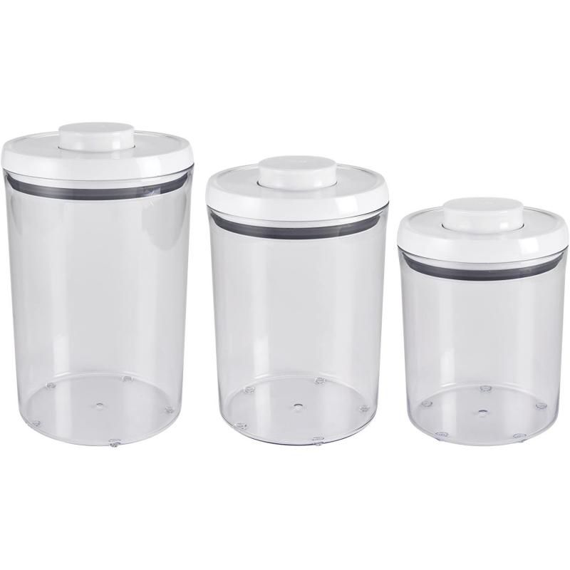 OXO Good Grips Round Pop 2.0 canister set with airtight seal, three sizes for versatile food storage and organization.