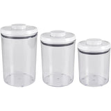 OXO Good Grips Round Pop 2.0 canister set with airtight seal, three sizes for versatile food storage and organization.