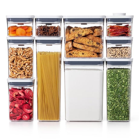 Clear BPA-free 10-piece container set with airtight seals for organizing and preserving pantry staples stylishly.