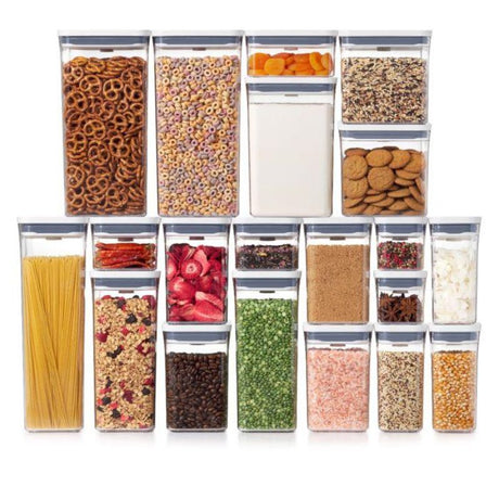 A versatile 20-piece airtight food storage set with various sizes and shapes for organized, stylish kitchen storage.