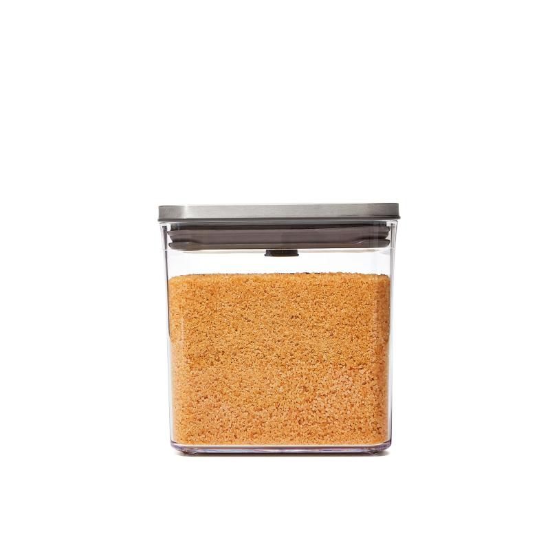 Sleek OXO Good Grips 2.6L square container with stainless steel lid and airtight seal for fresh food storage.