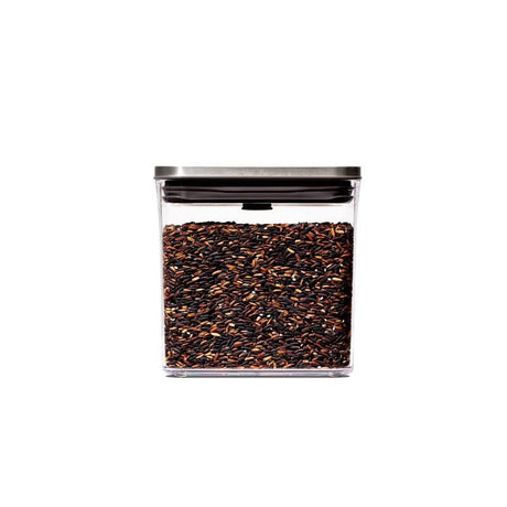 OXO Good Grips Pop 2.0 Steel Rectangular Container, 1.6L, features airtight seal, sleek design, and curved corners for easy pouring.