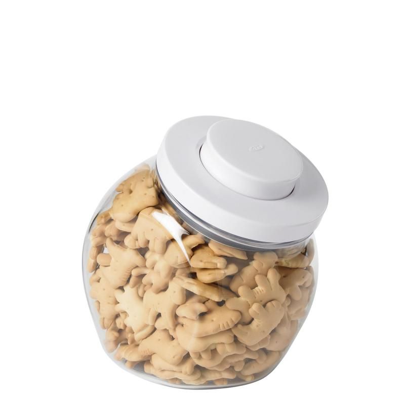 Clear OXO Good Grips POP Jar in small size, featuring an airtight seal, non-slip base, and BPA-free plastic for kitchen storage.