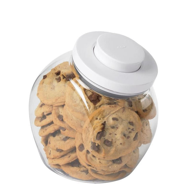 A medium OXO Good Grips POP Jar with airtight seal, pop-up button, and stylish design for fresh snack storage.