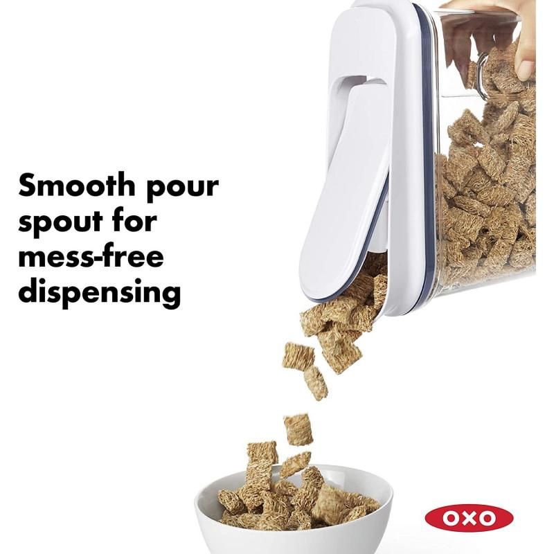 Small OXO Good Grips POP Cereal Dispenser with pop-open lid, smooth-pour spout, and airtight seal for freshness.