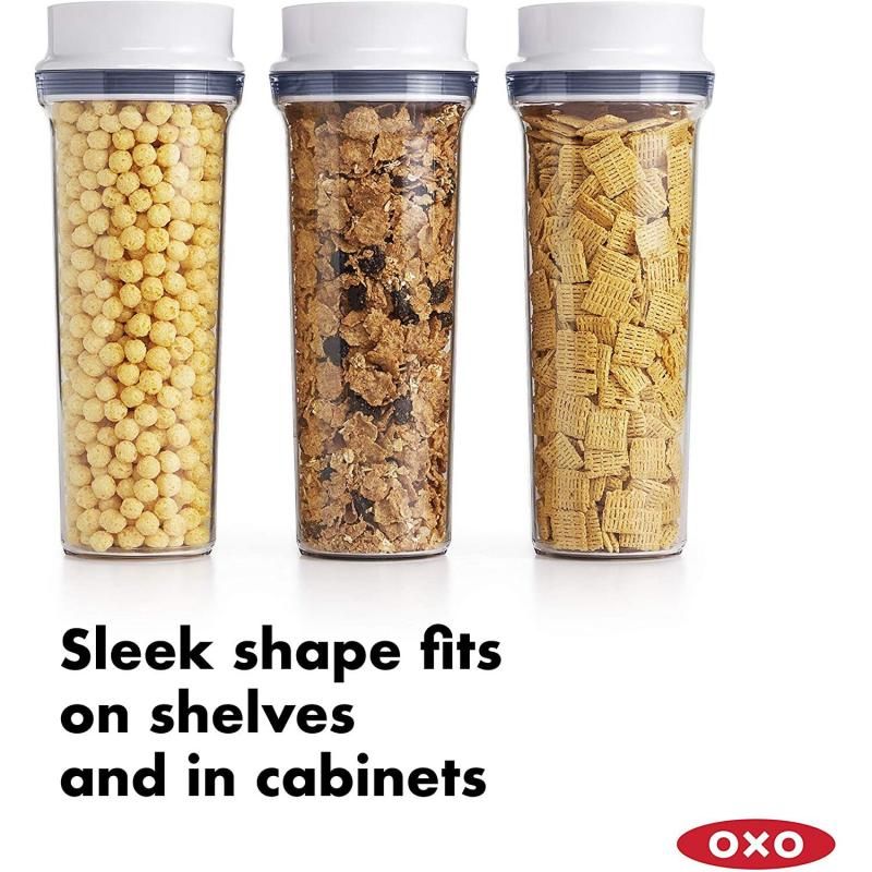 Clear medium food dispenser with easy-open lid, smooth-pour spout, and airtight seals for organized pantry storage.