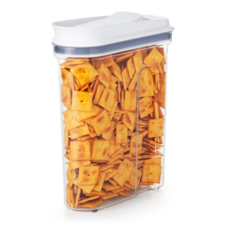 Large OXO Good Grips POP dispenser with airtight seal, smooth-pour spout, and clear design for easy pantry organization.