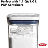 OXO Good Grips Pop Dusting Scoop for evenly dusting flour or sugar, designed for easy storage and cleanup.