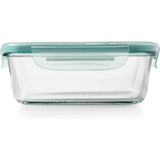 Clear, stackable 0.8L food storage container with leak-proof lid and four locking tabs for freshness and spill prevention.