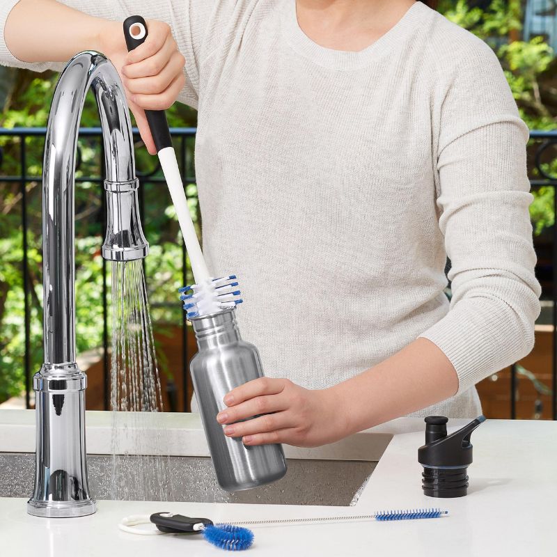 OXO Water Bottle Cleaning Set includes long brush, straw brush, and detail cleaner for thorough hydration gear hygiene.