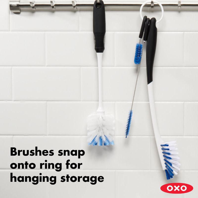 OXO Water Bottle Cleaning Set with long brush, straw brush, and detail cleaner for thorough and effective bottle hygiene.