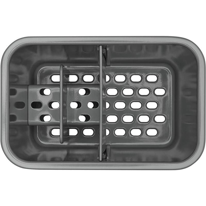 Crock-style sinkware caddy with dual compartments for brushes and sponges, featuring a removable drip tray for easy cleaning.