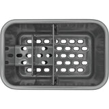 Crock-style sinkware caddy with dual compartments for brushes and sponges, featuring a removable drip tray for easy cleaning.