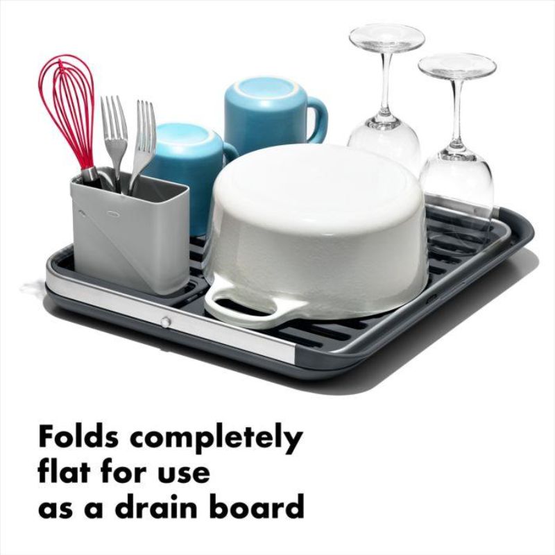 Durable aluminum drying rack with fold-flat design, built-in drainboard, and customizable utensil cup for efficient dish drying.