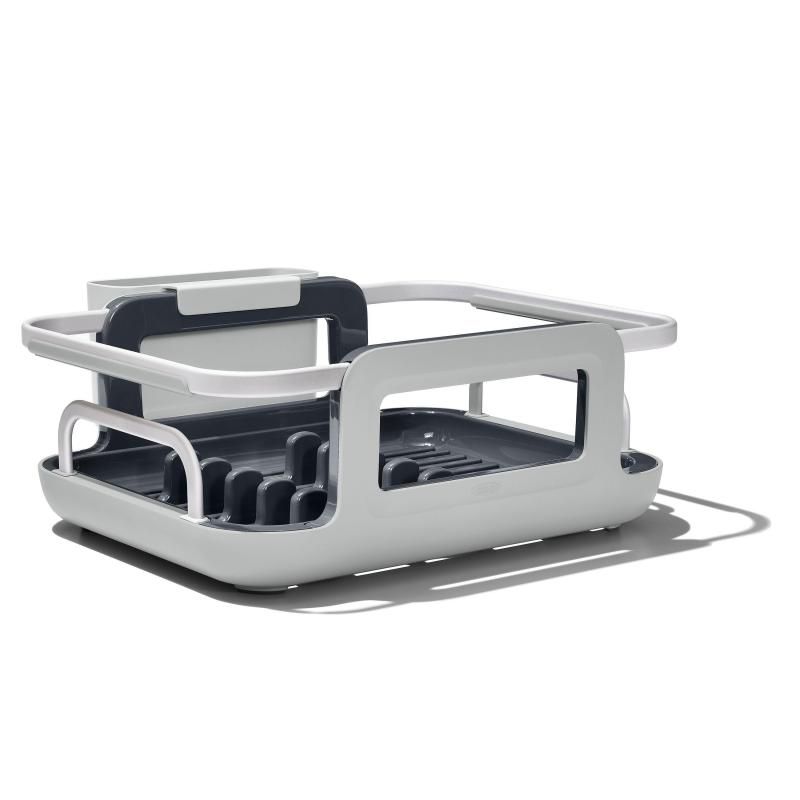 Sleek aluminum dish rack with extendable arms, stable plate holders, and a removable utensil cup for efficient dish drying.